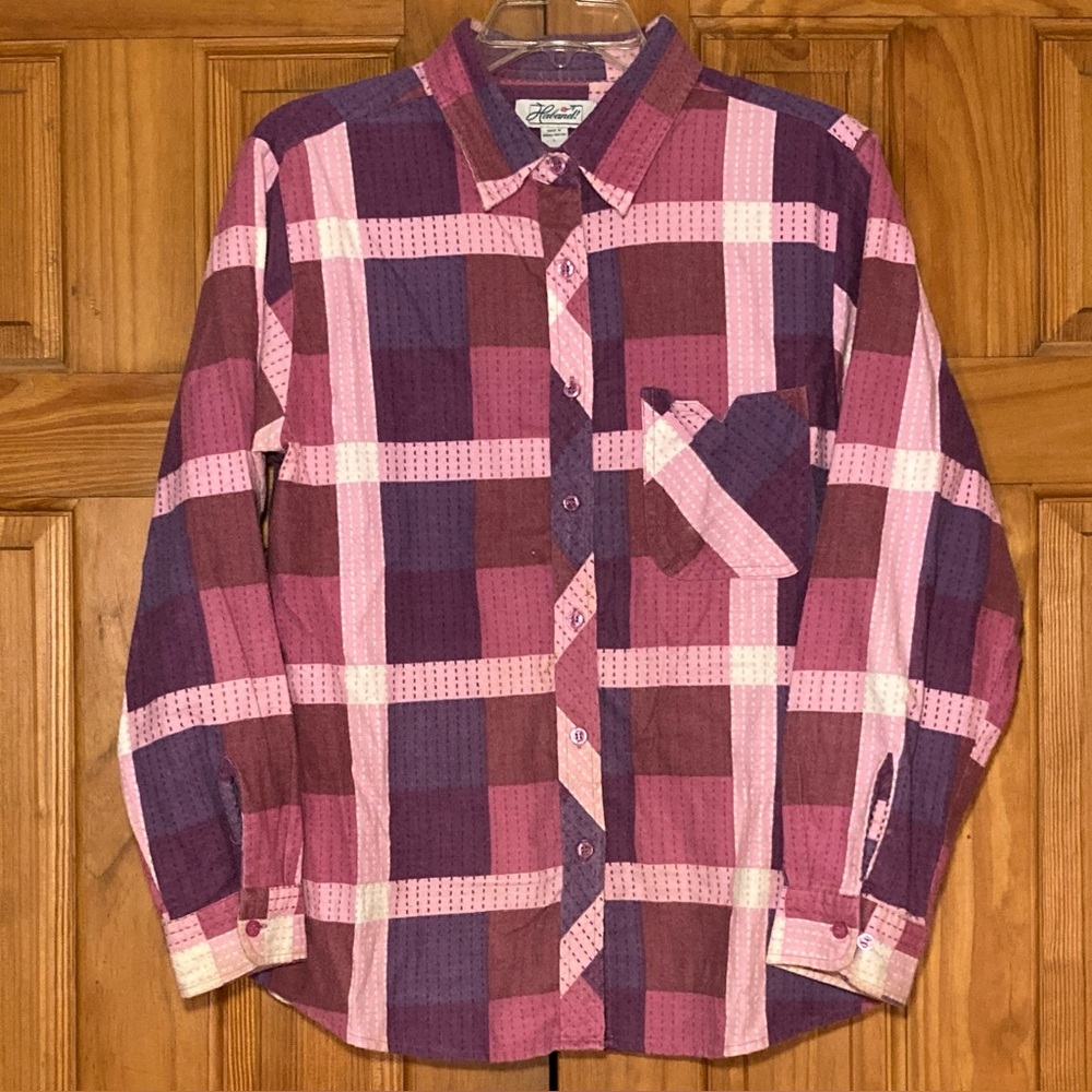 EUC Haband Flannel Top Long Sleeve Blouse Plaid Pink Purple Size L Large